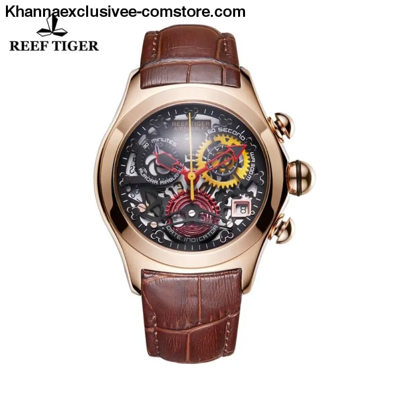 Reef Tiger Women's Fashionable Swiss Ronda Movement Skeleton Luxury Rose Gold Sport Watch
