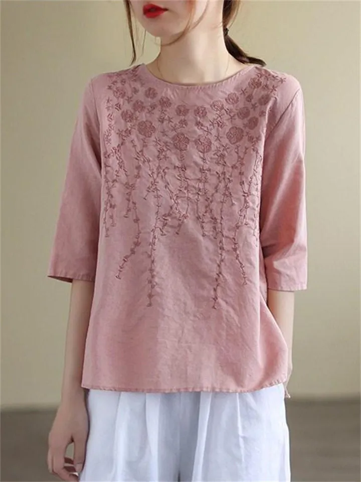 Retro Flower Embroidery Regular Fit Crew Neck Shirt for Women