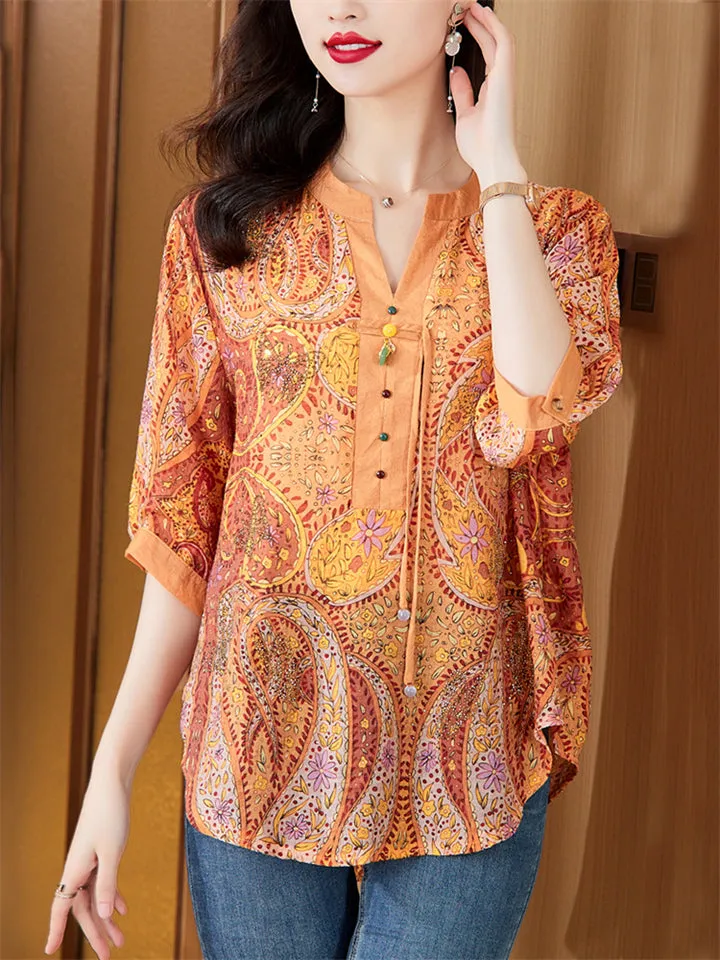 Retro Orange Paisley Print V Neck Half Sleeve Shirt for Women