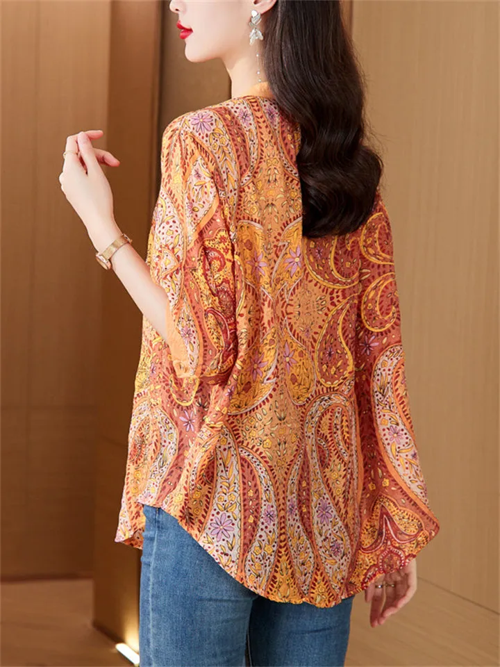Retro Orange Paisley Print V Neck Half Sleeve Shirt for Women