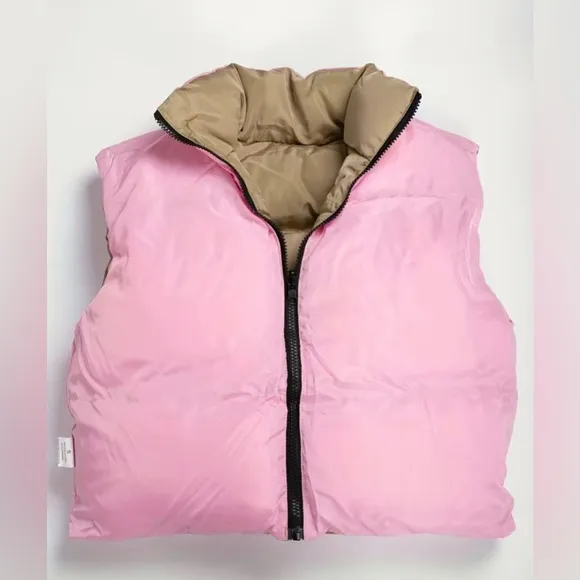 Reversible High Neck Vest, Casual Zip Up Sleeveless Warm Puffer Vest