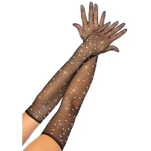 Rhinestone Fishnet Long Gloves Black