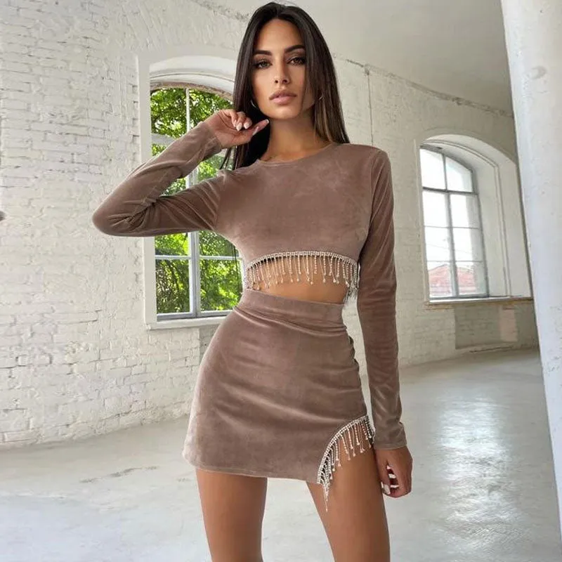 Rhinestone Fringe Cut Out Velvet Crop Skirt Matching Set - Khaki