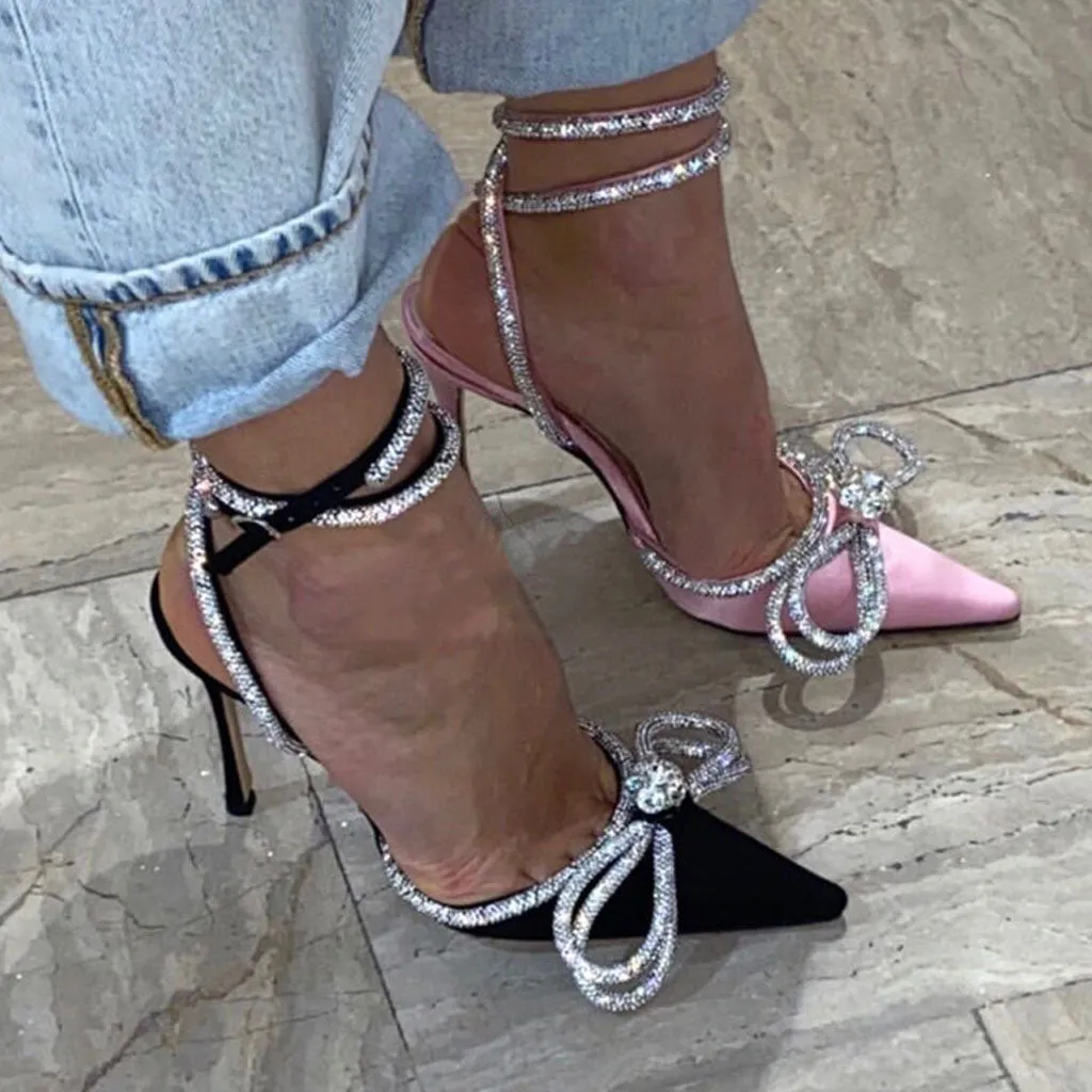 Rhinestone Pointed Toe Ankle Strap Satin Butterfly Heels - Black
