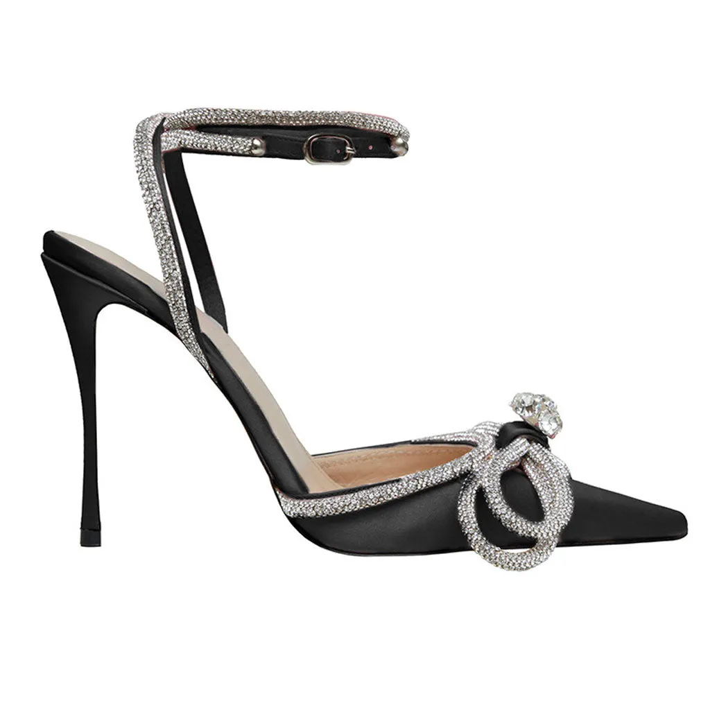 Rhinestone Pointed Toe Ankle Strap Satin Butterfly Heels - Black