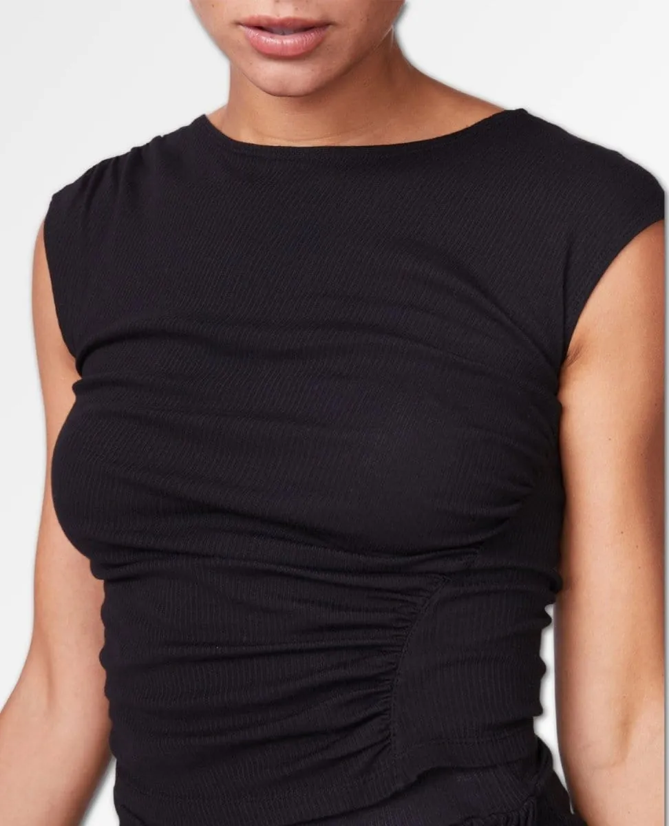 Rib Cap Sleeve Shirred Top Black