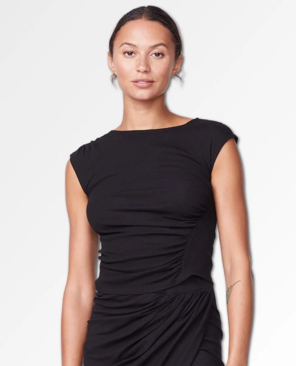 Rib Cap Sleeve Shirred Top Black
