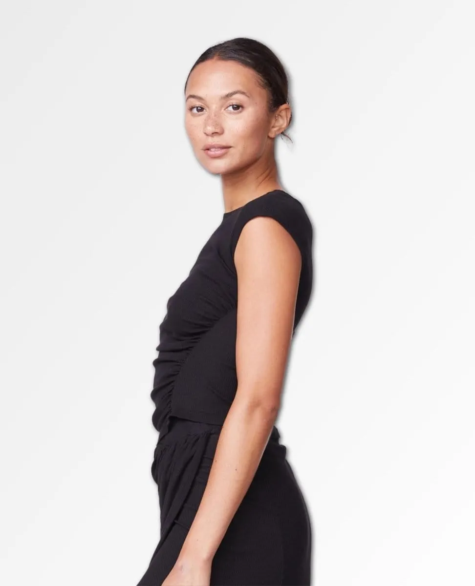 Rib Cap Sleeve Shirred Top Black