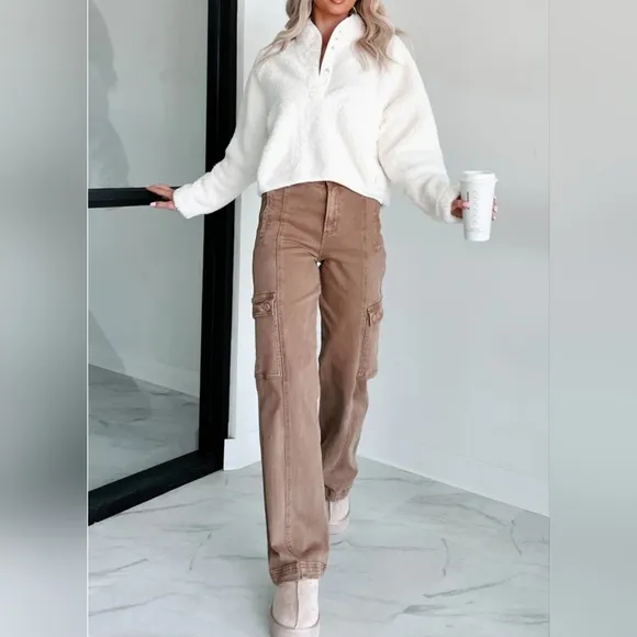 RISEN High Rise Wide Leg Cargo Jeans Mauve Retro Vintage Style Regular Plus NEW