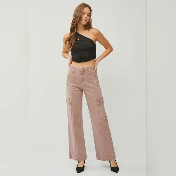 RISEN High Rise Wide Leg Cargo Jeans Mauve Retro Vintage Style Regular Plus NEW