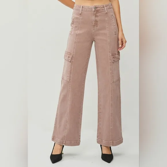 RISEN High Rise Wide Leg Cargo Jeans Mauve Retro Vintage Style Regular Plus NEW