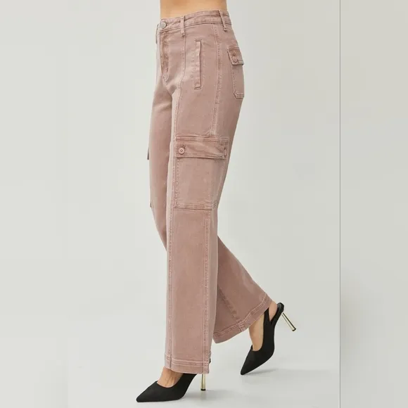 RISEN High Rise Wide Leg Cargo Jeans Mauve Retro Vintage Style Regular Plus NEW