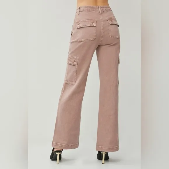RISEN High Rise Wide Leg Cargo Jeans Mauve Retro Vintage Style Regular Plus NEW