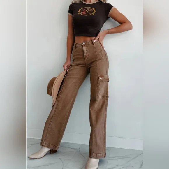 RISEN High Rise Wide Leg Cargo Jeans Mauve Retro Vintage Style Regular Plus NEW