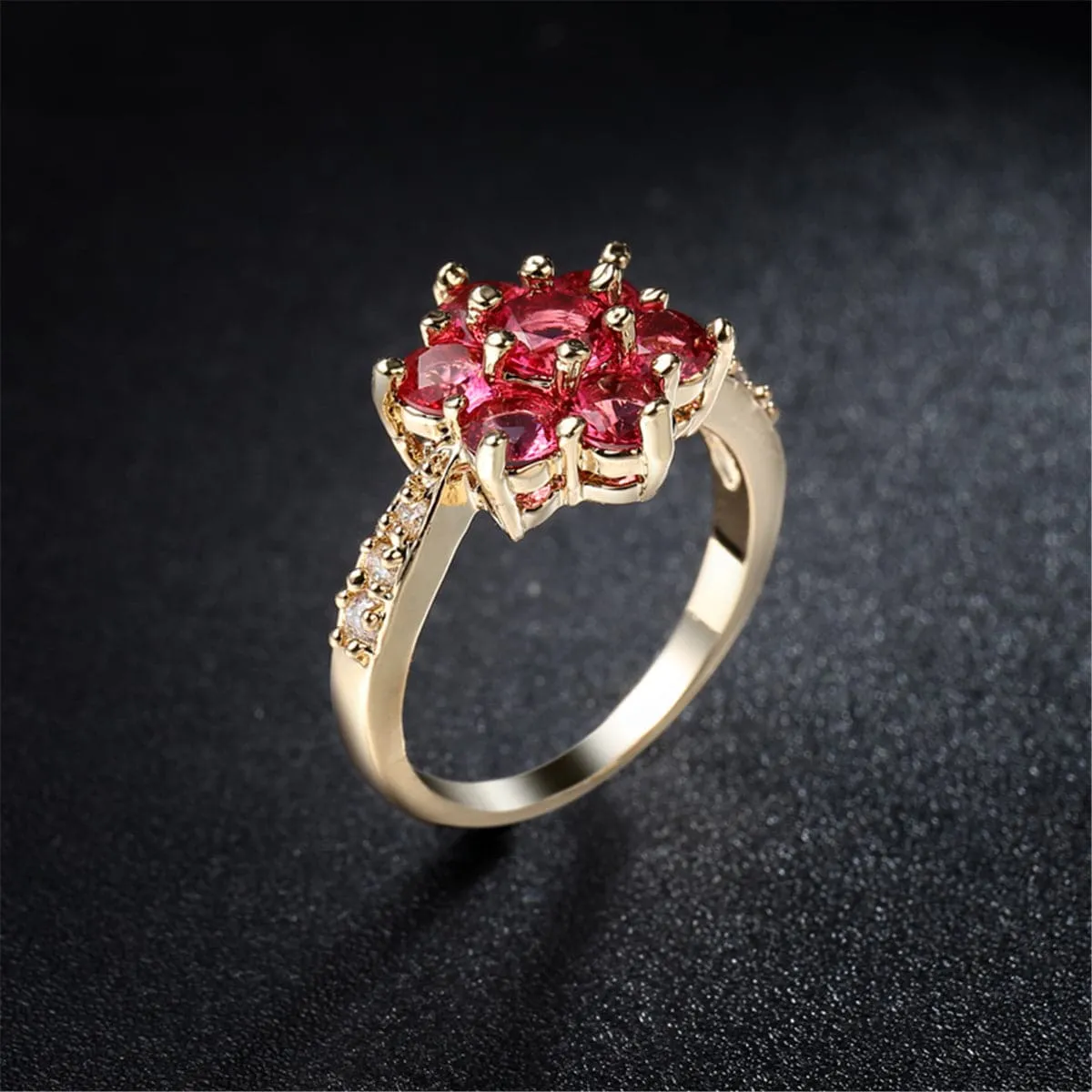 Rose Crystal & Cubic Zirconia 18K Gold-Plated Floral Round Prong Ring