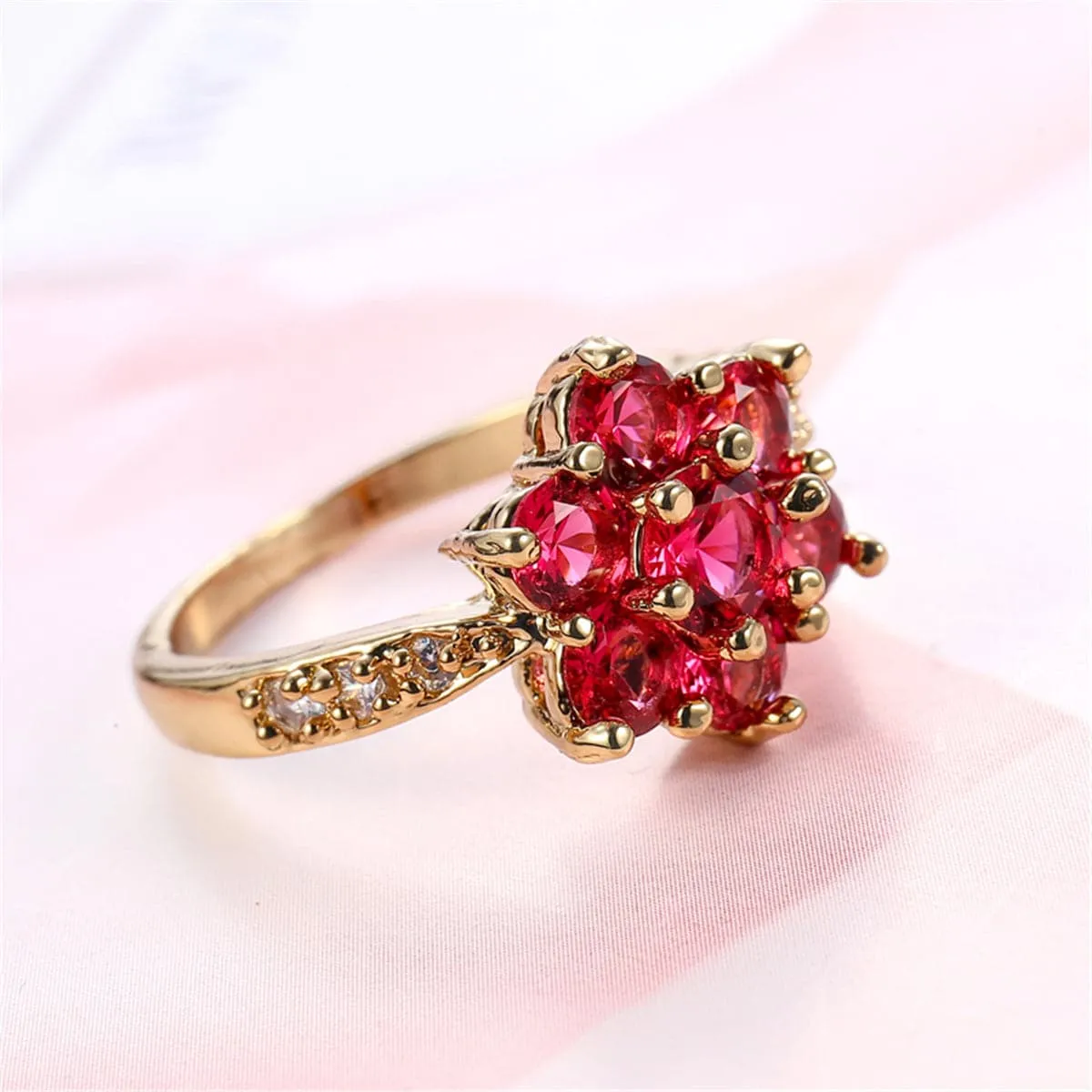 Rose Crystal & Cubic Zirconia 18K Gold-Plated Floral Round Prong Ring