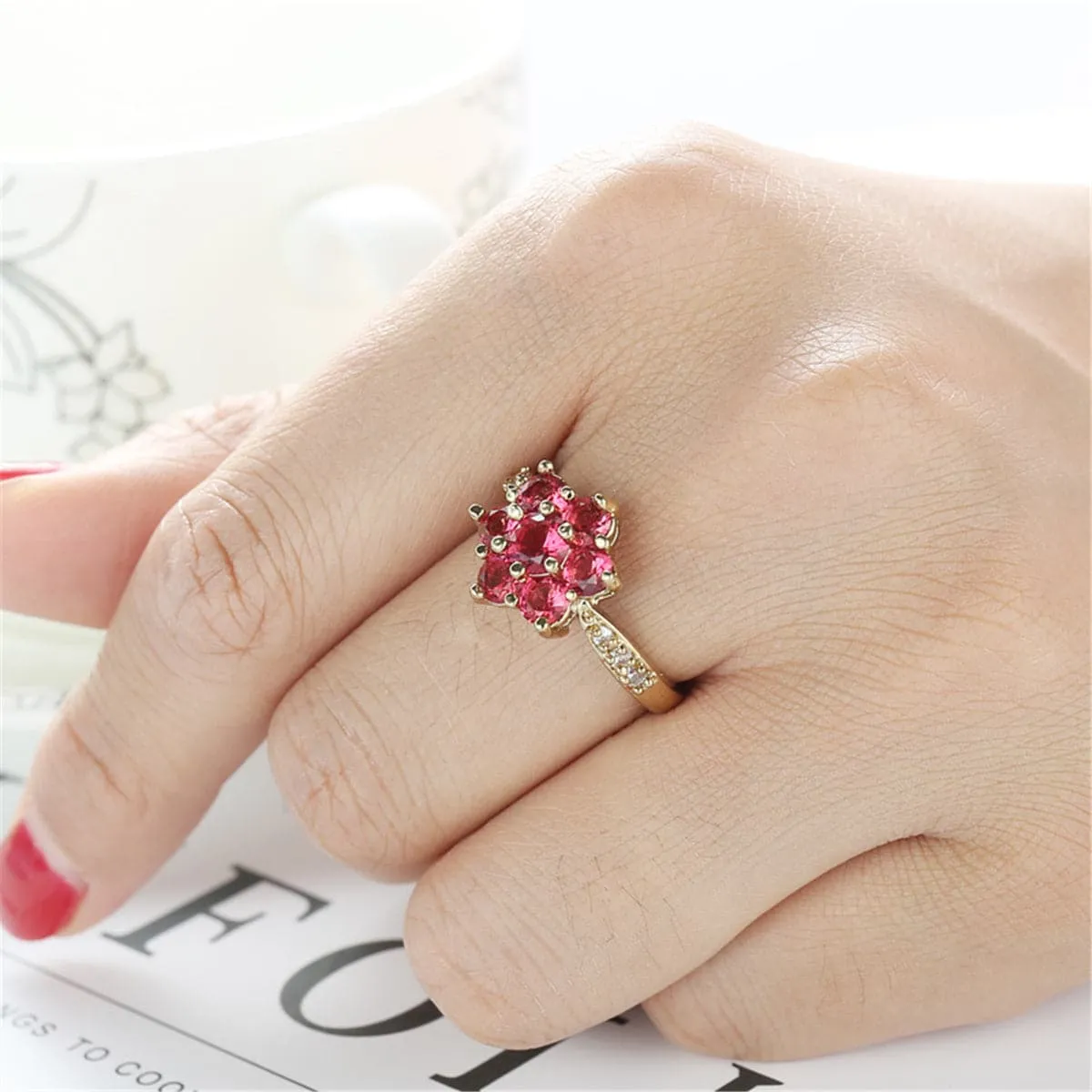 Rose Crystal & Cubic Zirconia 18K Gold-Plated Floral Round Prong Ring