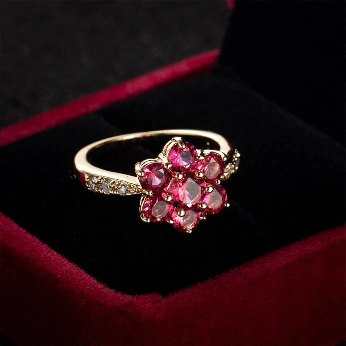 Rose Crystal & Cubic Zirconia 18K Gold-Plated Floral Round Prong Ring