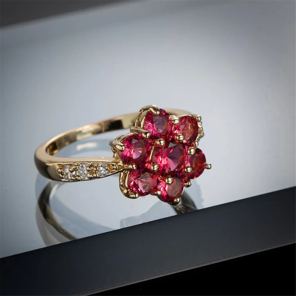 Rose Crystal & Cubic Zirconia 18K Gold-Plated Floral Round Prong Ring