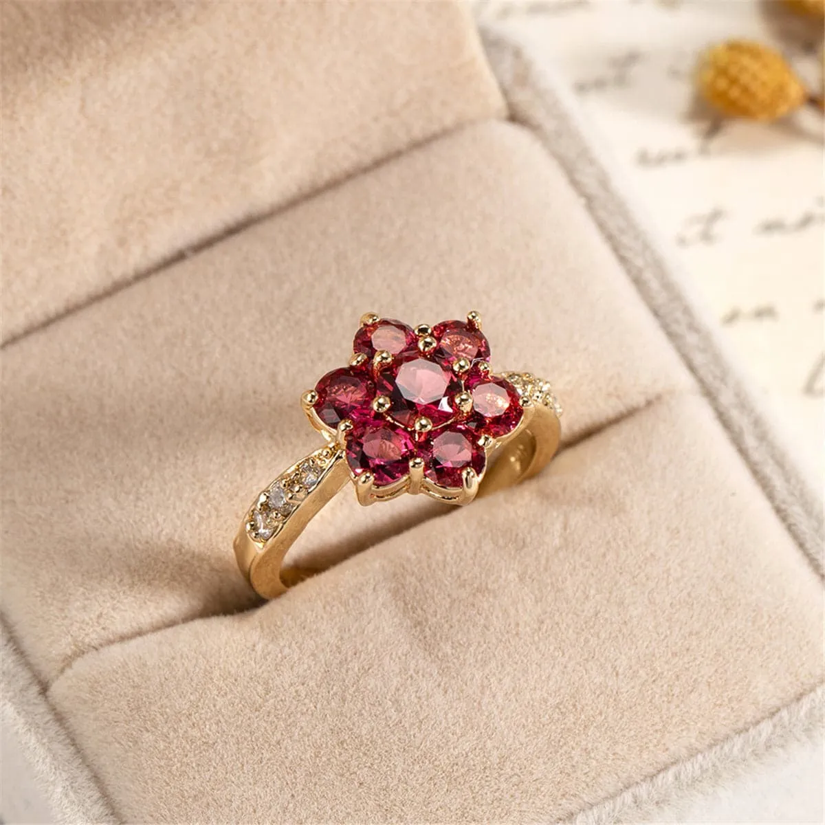 Rose Crystal & Cubic Zirconia 18K Gold-Plated Floral Round Prong Ring