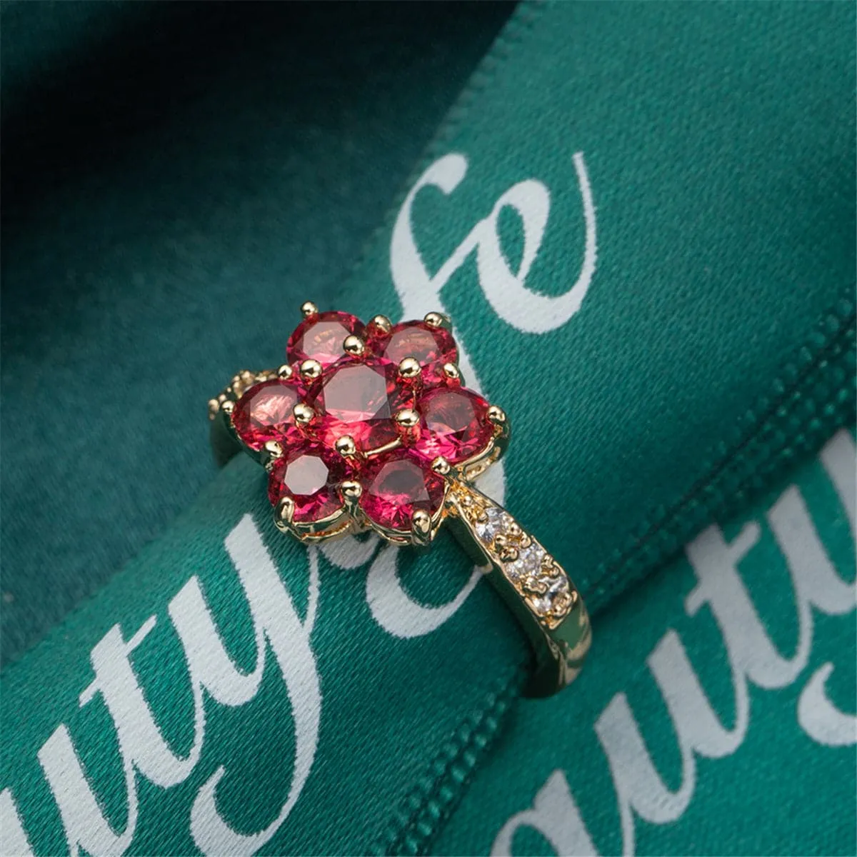 Rose Crystal & Cubic Zirconia 18K Gold-Plated Floral Round Prong Ring