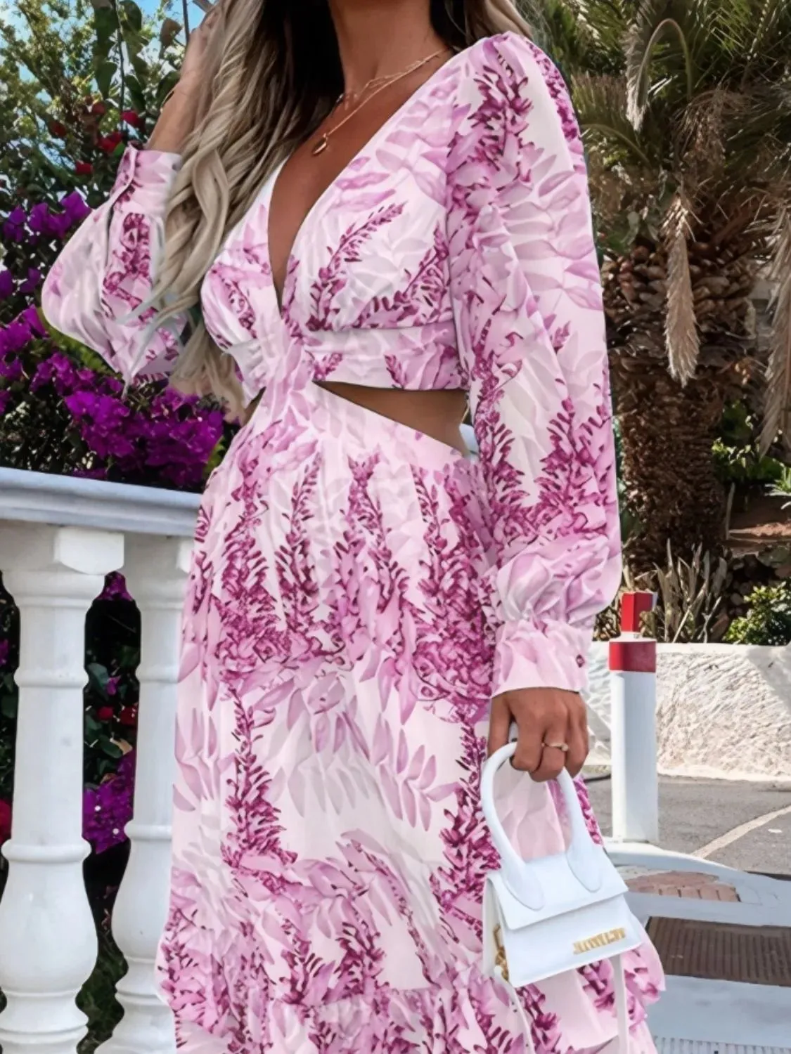 Ruffled Printed Cutout Plunge Maxi Dress