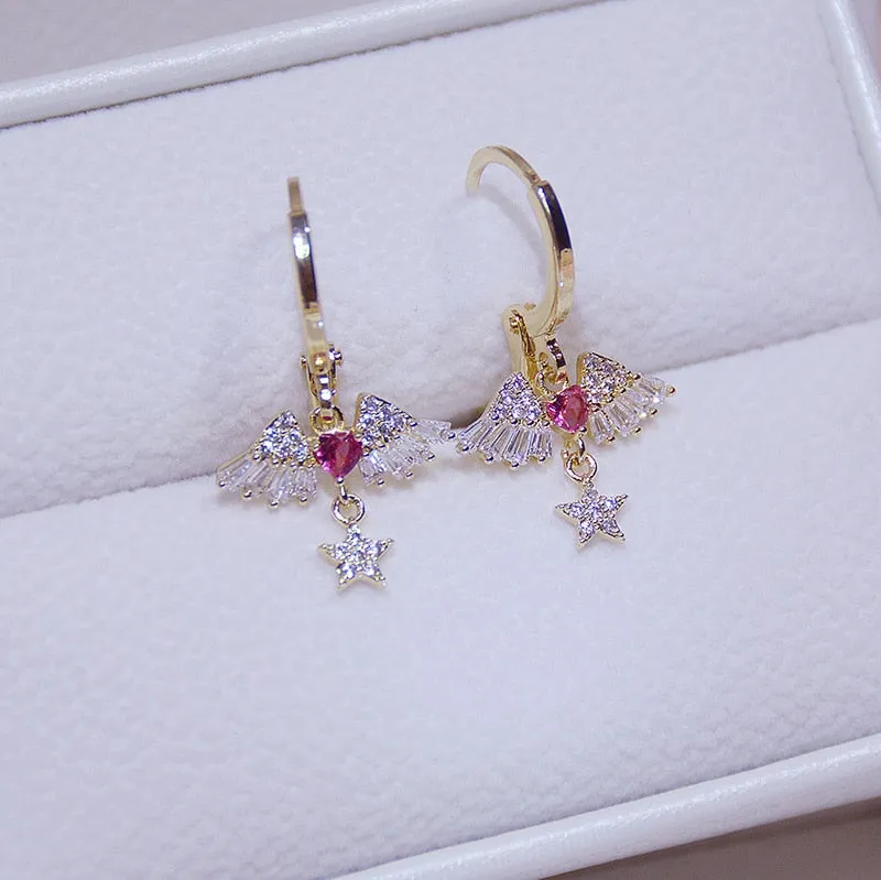 Sapphire Angel's Wings Stud Earrings 14K Real Gold Women's Romantic Jewelry