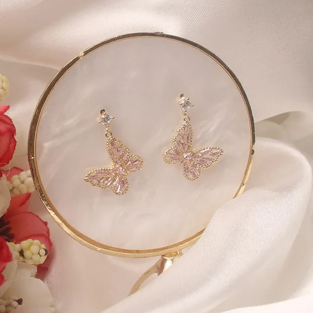 Sapphire Angel's Wings Stud Earrings 14K Real Gold Women's Romantic Jewelry