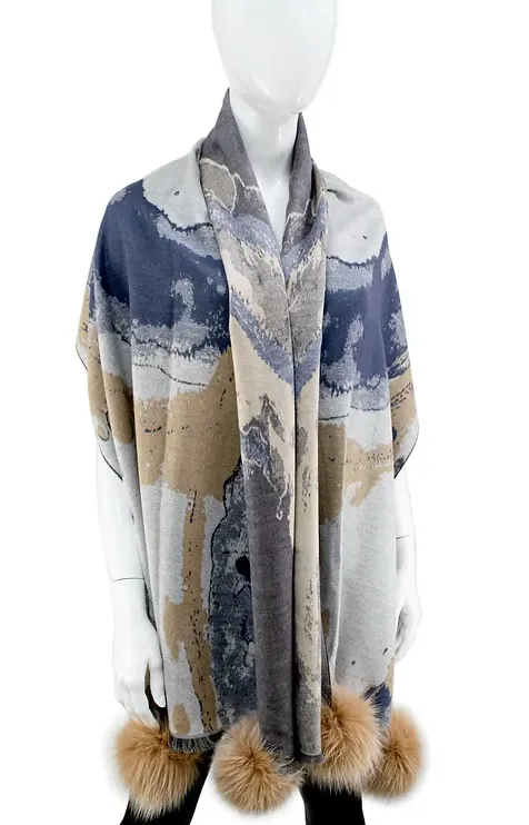 SCCO28 - Woven Watercolor Scarf w/ Fox Poms