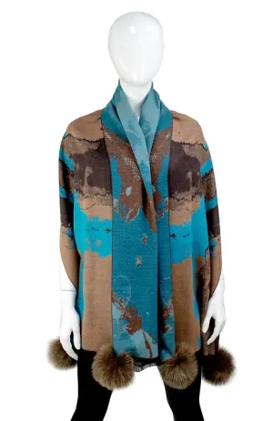 SCCO28 - Woven Watercolor Scarf w/ Fox Poms
