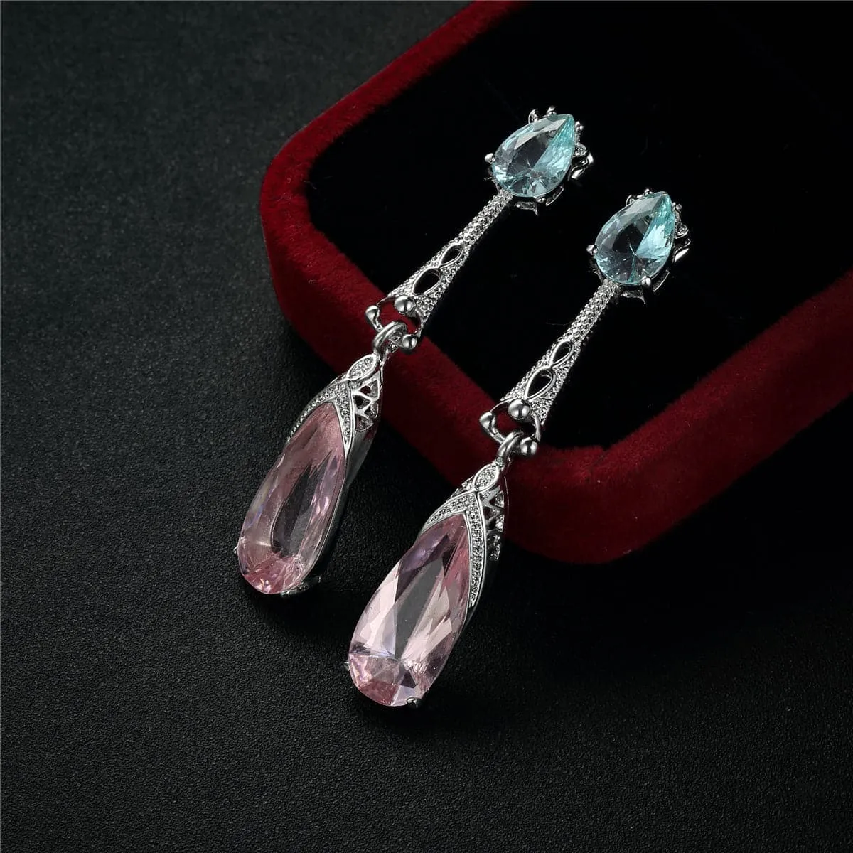 Sea Blue & Pink Crystal & Silver-Plated Teardrop Earrings