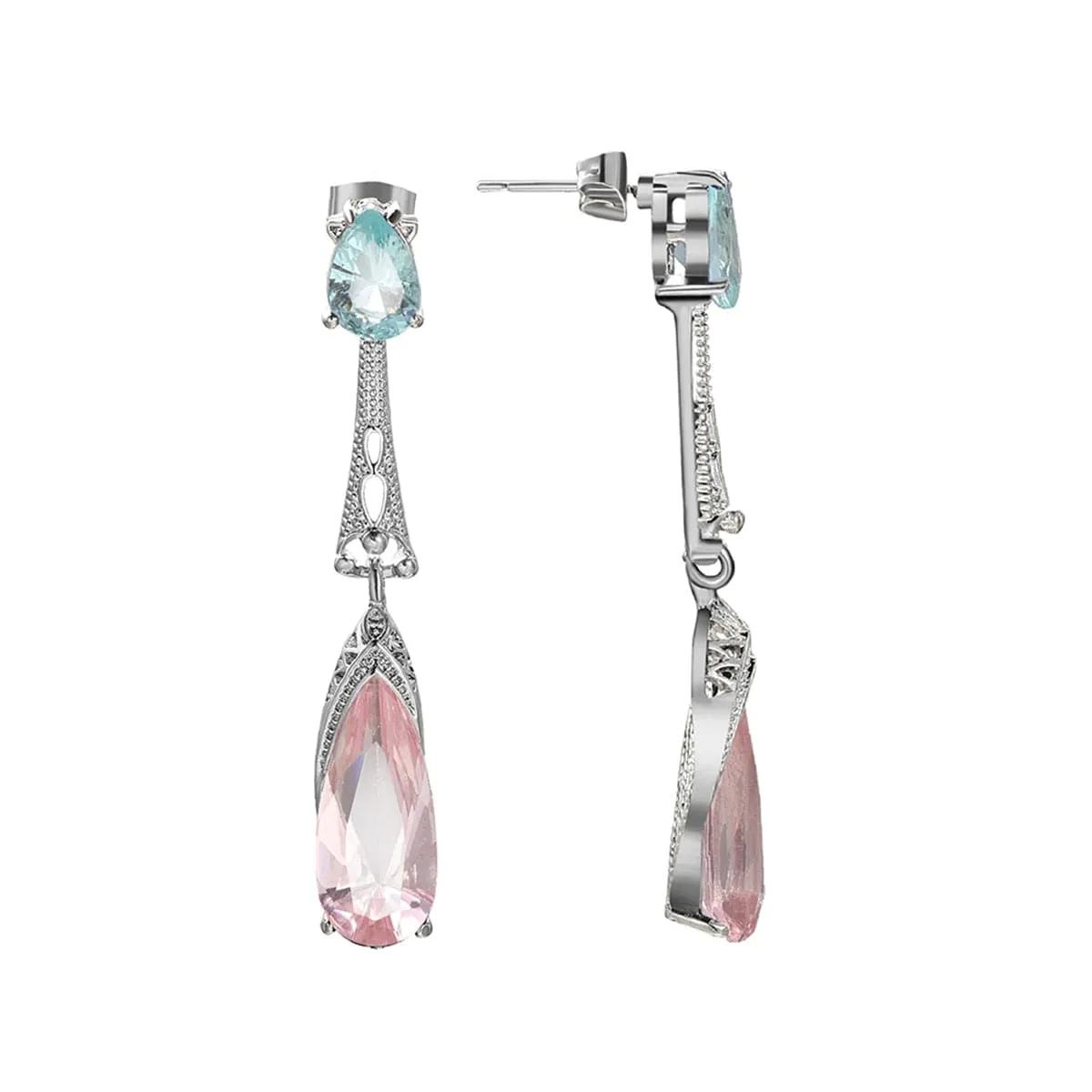 Sea Blue & Pink Crystal & Silver-Plated Teardrop Earrings
