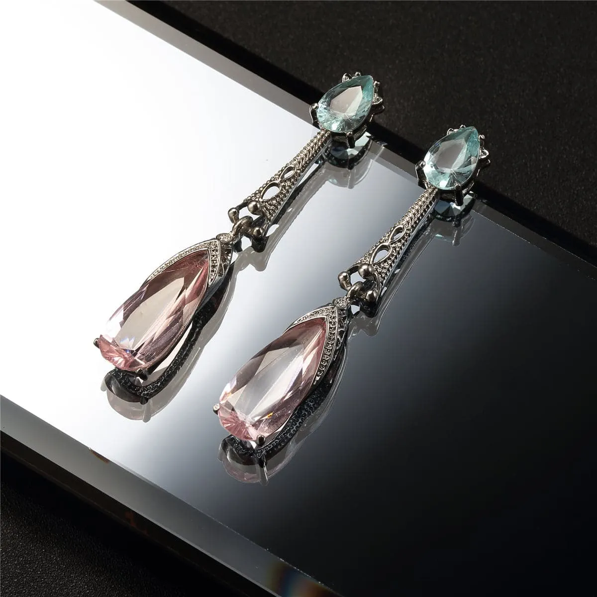 Sea Blue & Pink Crystal & Silver-Plated Teardrop Earrings