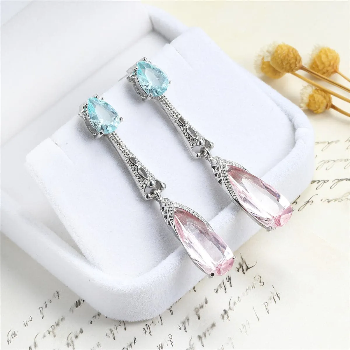 Sea Blue & Pink Crystal & Silver-Plated Teardrop Earrings