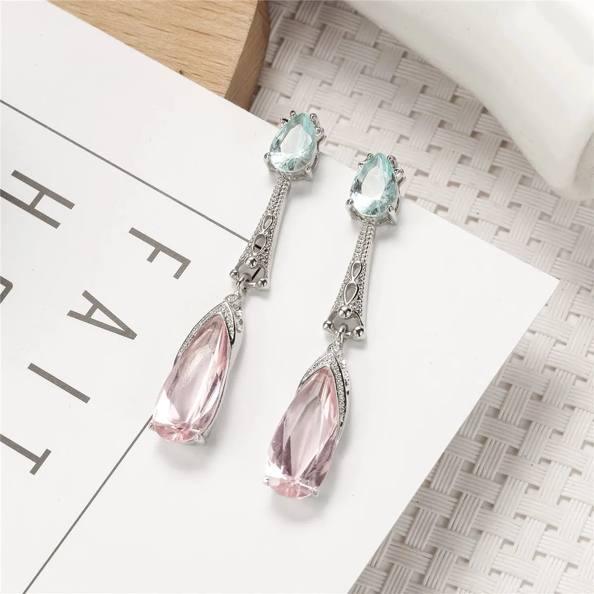 Sea Blue & Pink Crystal & Silver-Plated Teardrop Earrings