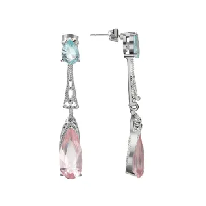 Sea Blue & Pink Crystal & Silver-Plated Teardrop Earrings