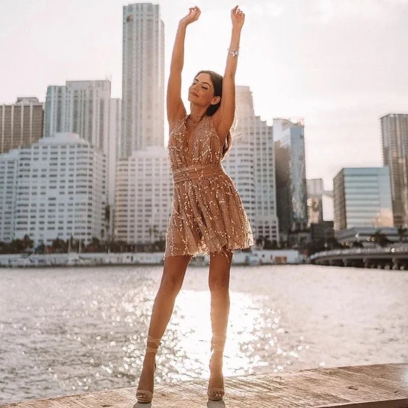 Sequin Deep V Neck Backless Party Mini Dress - Gold