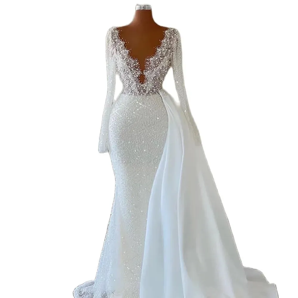 Sexy Sparkly Mermaid Wedding Dresses Pearls Beading Sheer V Neck Long Sleeve Beads Bridal Gowns Robe De Soiree