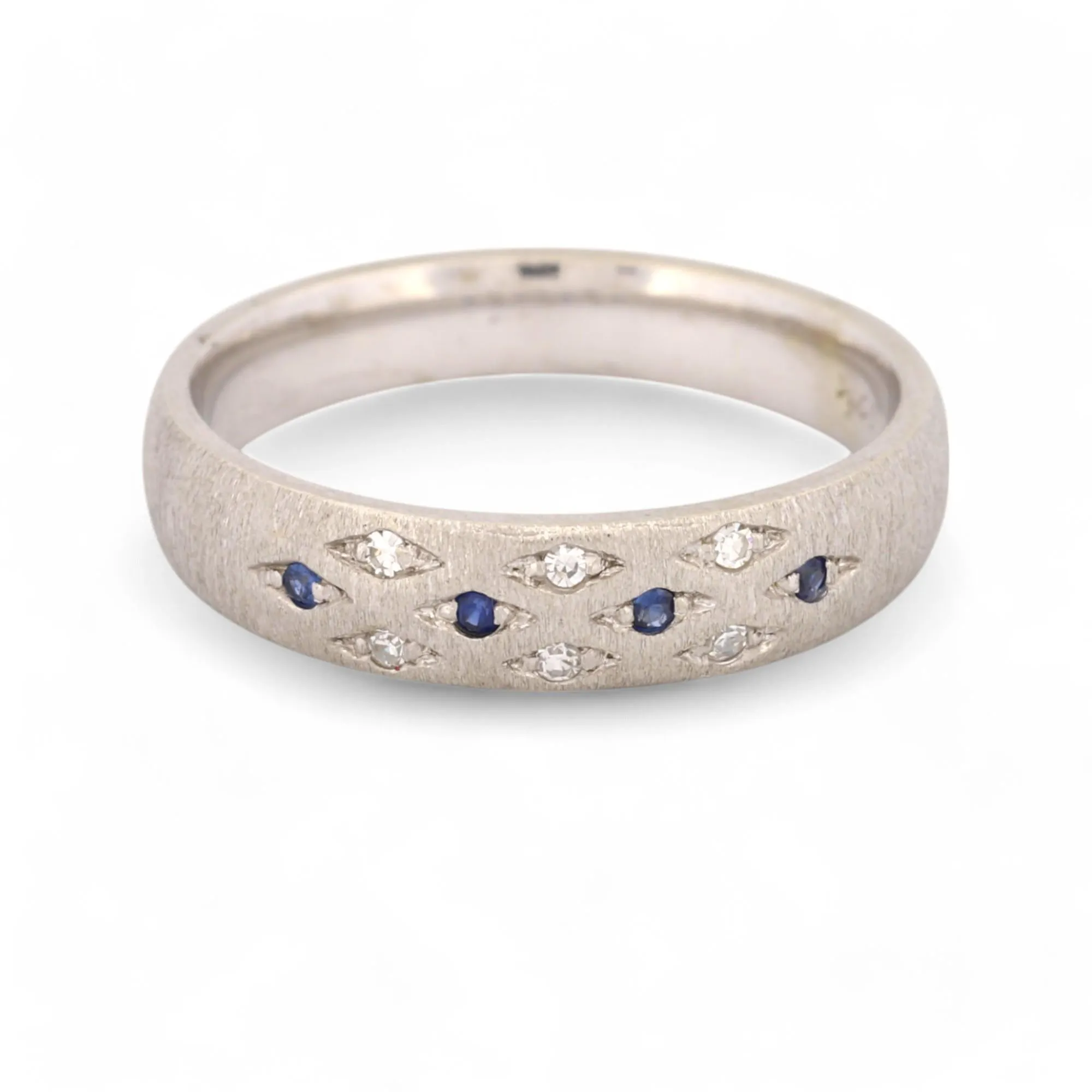 Signed 18k White Gold Diamond & Sapphire Band Ring with Satin Rigato Finish