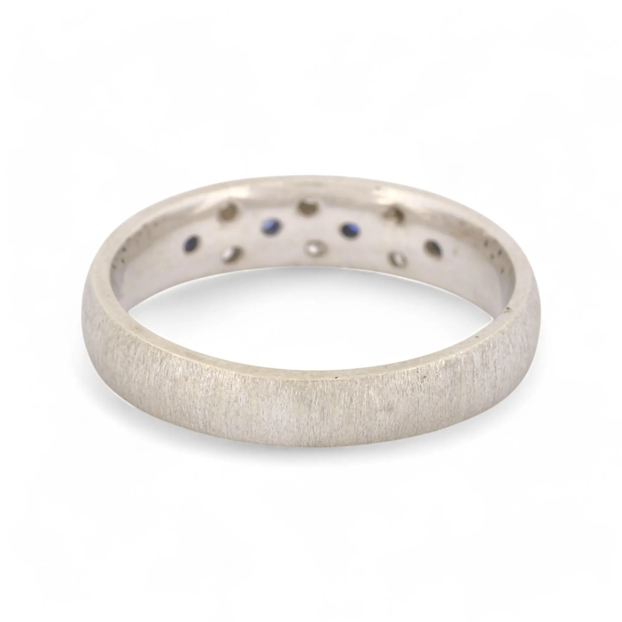 Signed 18k White Gold Diamond & Sapphire Band Ring with Satin Rigato Finish