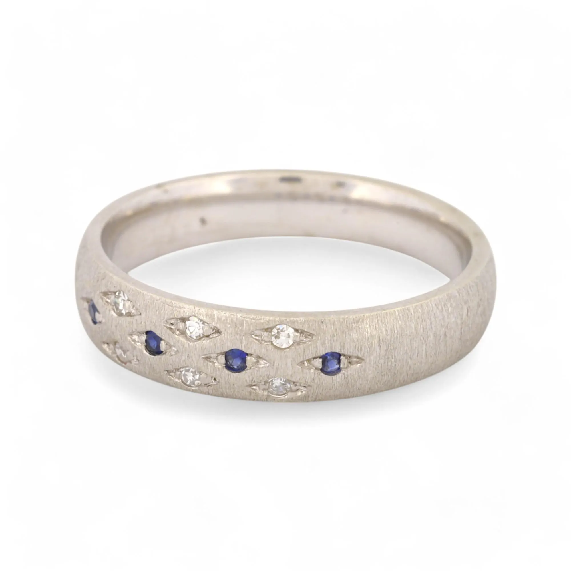 Signed 18k White Gold Diamond & Sapphire Band Ring with Satin Rigato Finish