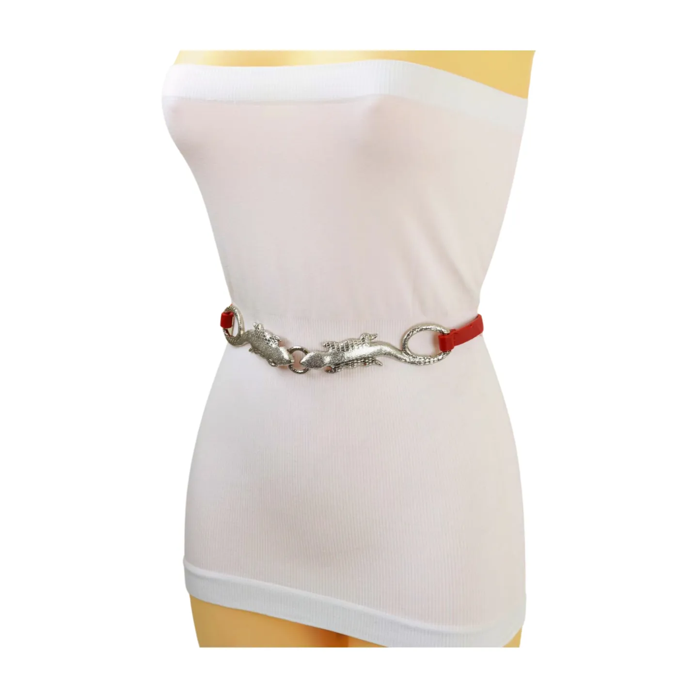 Silver Metal Lizard Buckle Skinny Belt S M L