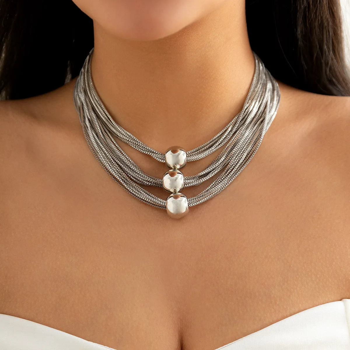 Silver-Plated Ball Layered Choker Necklace