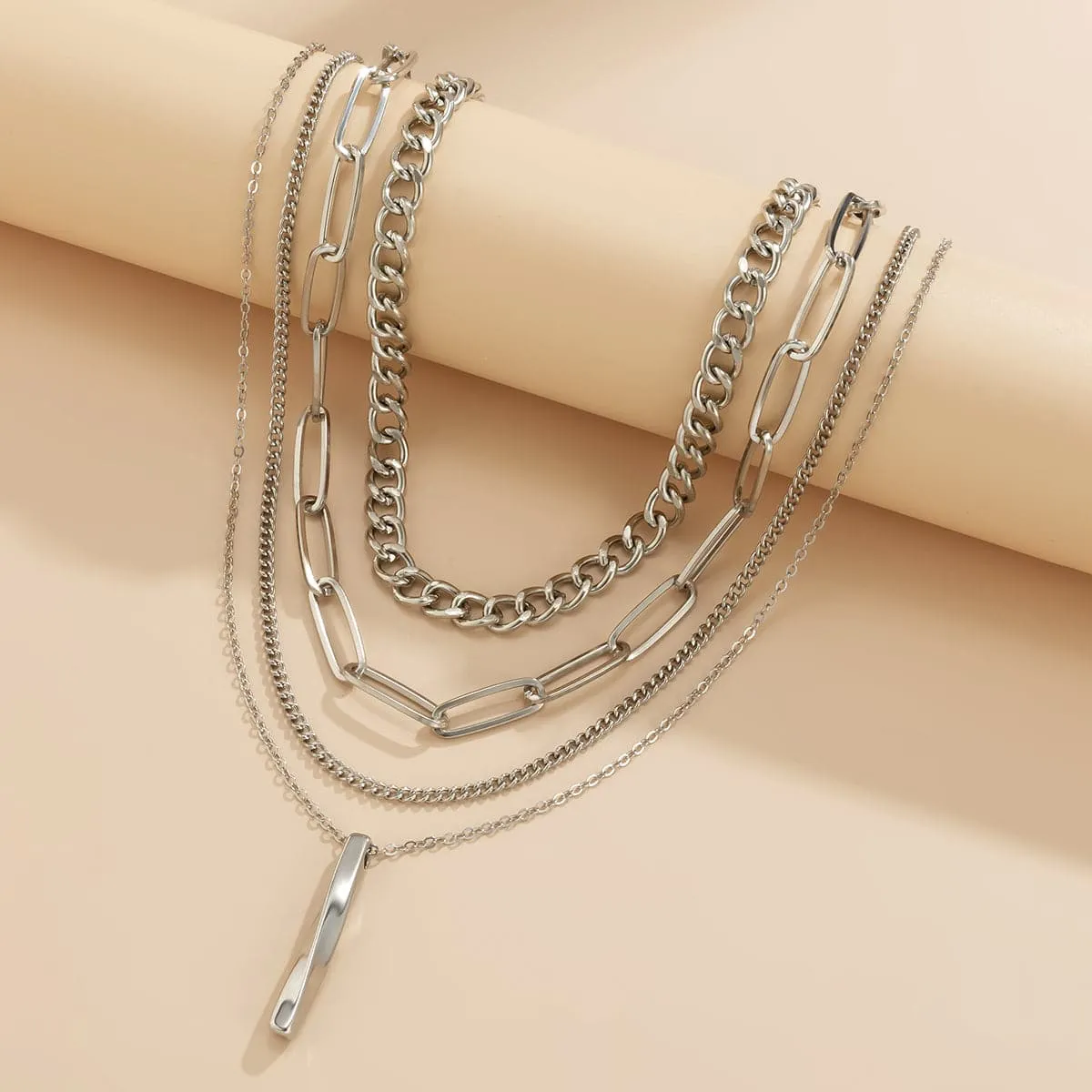 Silver-Plated Bar Pendant Necklace Set