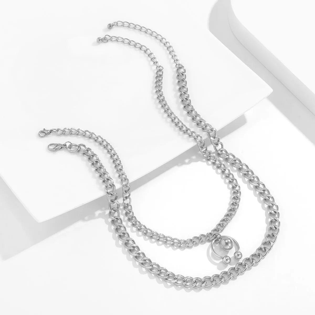 Silver-Plated Bead Curb Chain Necklace Set