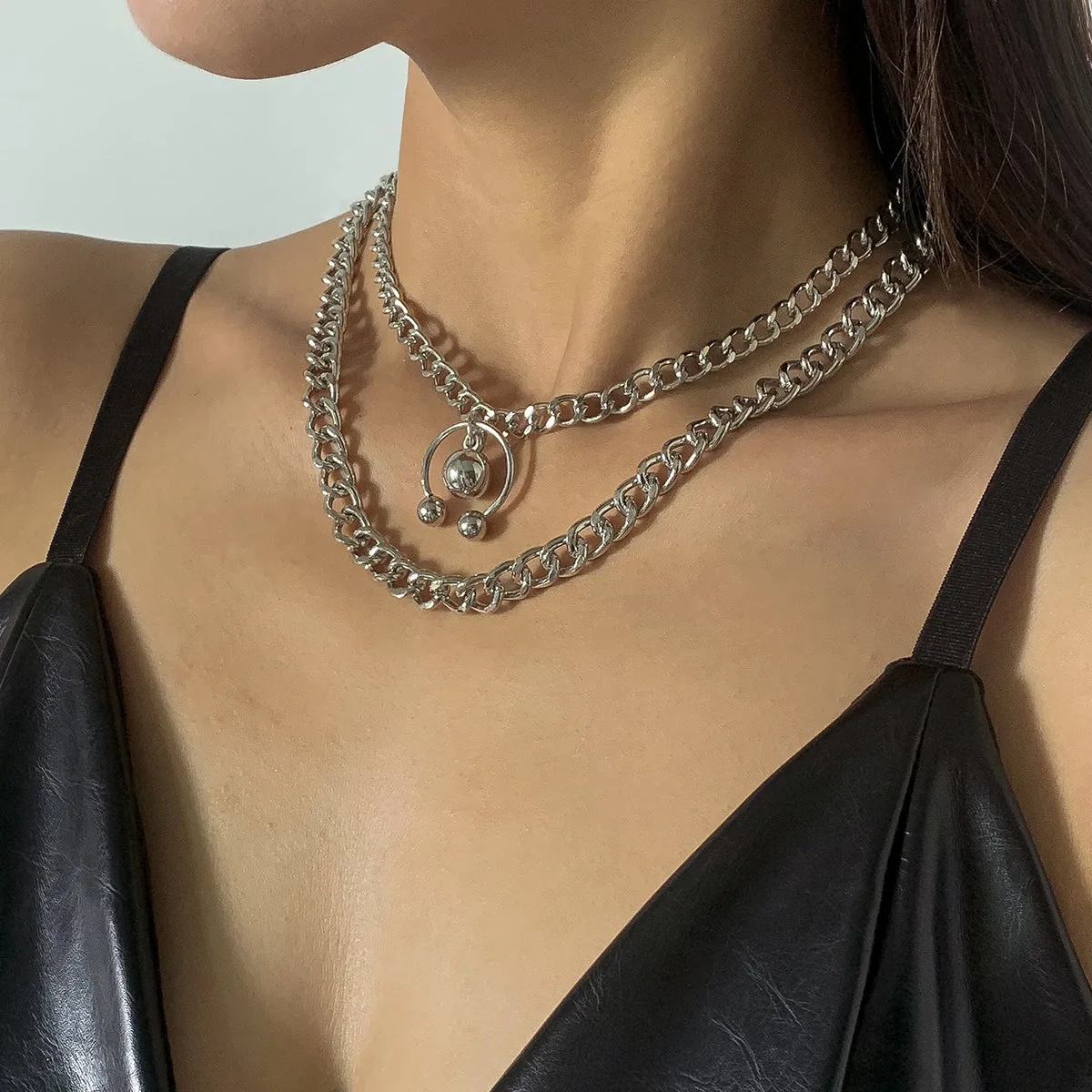 Silver-Plated Bead Curb Chain Necklace Set
