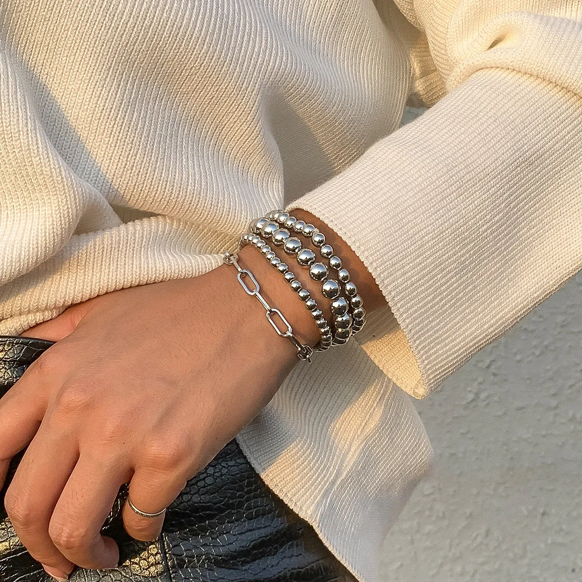 Silver-Plated Beaded Chain Stretch Bracelet Set