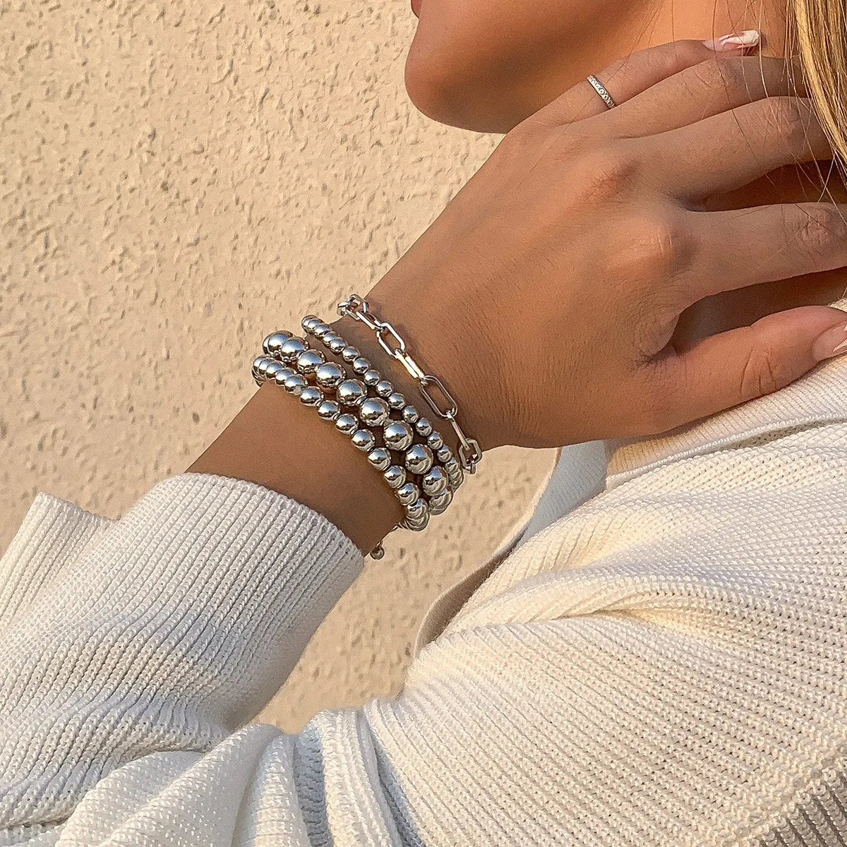 Silver-Plated Beaded Chain Stretch Bracelet Set