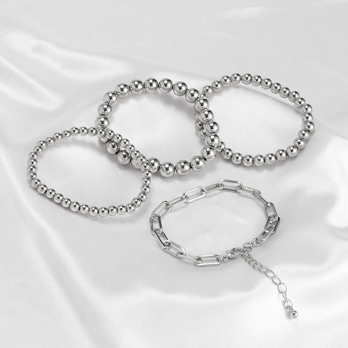 Silver-Plated Beaded Chain Stretch Bracelet Set