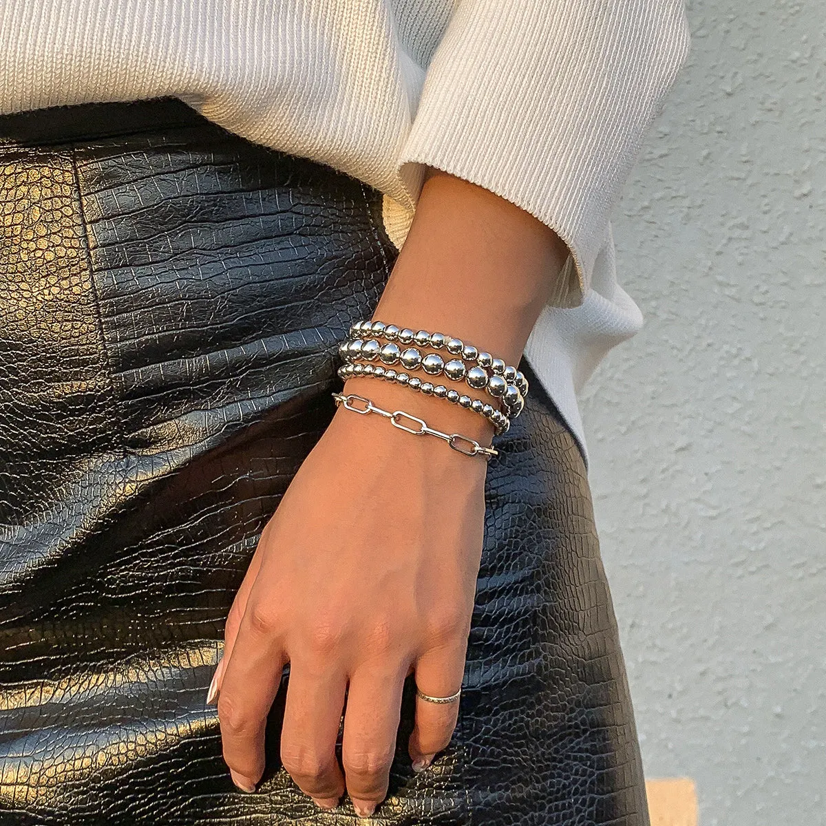 Silver-Plated Beaded Chain Stretch Bracelet Set